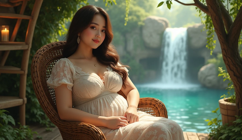 (highest quality、table top、8K、best image quality、hyper realism)、unparalleled beauty、pregnancy、highly detailed face、upper body photo、big breasts、look at me最大の笑顔, look at me、Long hair fluttering in the wind, Colorful flower garden、Colorful flower garden, white dress、accurate ???????、Fairytale atmosphere、Fairy tale brilliance、sacred waterfall、heavenly atmosphere、A treasure trove of beautiful nature、a paradise、paradise、Shining beautiful skin