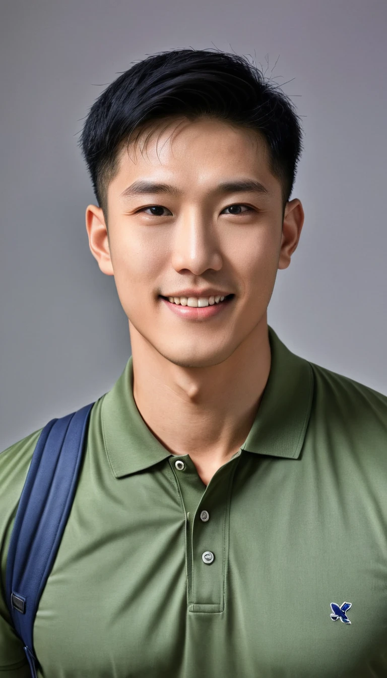 1boy, orimale ,Orimura, black_eyes, black_hair, male_focus, realistic ,  bright eyes  ,Smiling with white teeth, pretty , Buzz Cut Drop Fade , Handsome Chinese Man with a Little Mustache , is muscular ,blood vessel,Broad shoulders,  wearing an olivegreen polo shirt with short sleeves without a logo and jeans, backpack