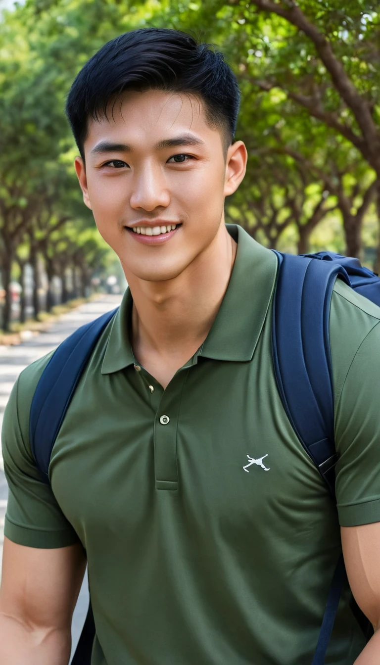 1boy, orimale ,Orimura, black_eyes, black_hair, male_focus, realistic ,  bright eyes  ,Smiling with white teeth, pretty neat, Buzz Cut Drop Fade , Handsome Chinese Man with a Little Mustache , is muscular ,blood vessel,Broad shoulders, Wear an olivegreen polo shirt with short sleeves without a logo and jeans. Backpack