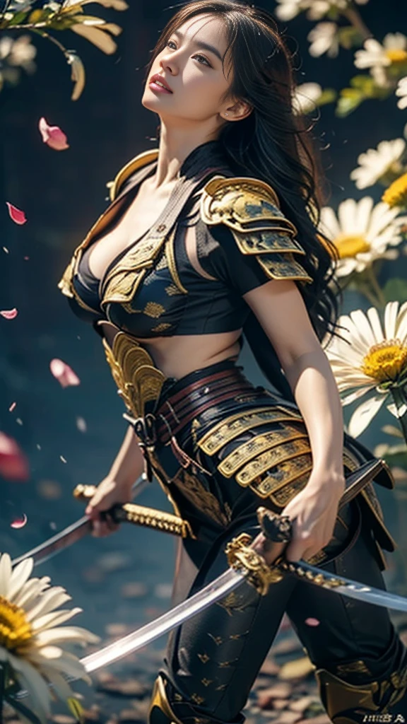 A sexy female character dressed as a warrior from the Warring States period、((Braided hair))、((onyx black hair))、((toned body))、 toned body、She has ample breasts and plump thighs、 The yellow armor with a chrysanthemum pattern engraved on it is bikini type and is designed to emphasize chest exposure、( Wear a chrysanthemum-patterned cape )、 white super miniskirt、 yellow shin guards with chrysanthemum petals engraved 、Yellow high-cut underwear、Yellow tights、 absolute domain、((acrobatic pose))、((  hold a sword at chest position ))、((from below, lower body, looking up))、 facing the front、 Strong yet elegant atmosphere 、 they are ready to fight even now、 The background is a battlefield with chrysanthemums and petals scattered 、((Lots of chrysanthemum petals scattered all over the screen ))、 Super high resolution and realistic touch 、 shiny armor and fabric texture 、A dynamic pose is depicted in detail、