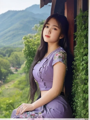 high-definition images, atmospheric perspective, 8k, super detail, accurate, best quality, angle from below, a woman၊ full body, drooping eyes, sleepy face, blush,(floral purple dress),, necklace, standing portraits ,day scene, pagoda view, hair up, acmm's outfit, black acmm's top , black printed acmm's skirt,