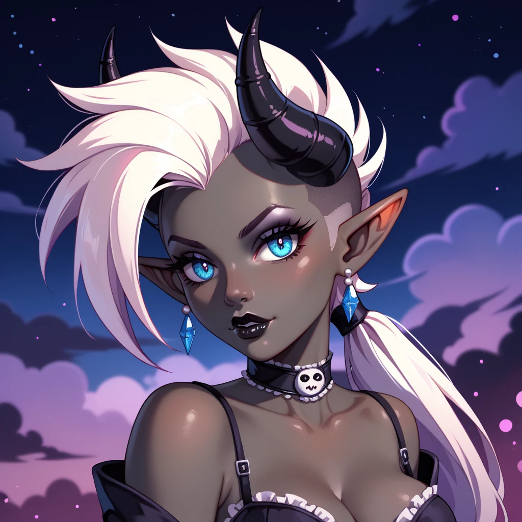 score_9, score_8_up, score_7_up, ((Masterpiece)), ((highres)), ((1person, 1girl, 1female)), Random poses, beautifully detailed succubus girl, ((white mohawk w/ponytail)), defined elf ears with ear guages, defined eyes, pastel iris, long eye lashes, defined nose, black lipstick, curvy, (((Black skin))), black demon horns, breasts, night sky, pastel gothic style, gothic style art, gothic asthetic, (((gothic dark pattern background))), bust shot, ((DC's rough brutal comic drawing style))
