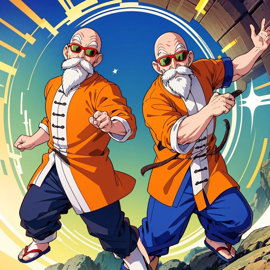 Two muten roushi clones fighting,black eyes,bald, facial hair, beard, mustache, white hair, chinese clothes, orange jacket, blue pants, sunglasses, red-framed eyewear, green-tinted eyewear,full body.