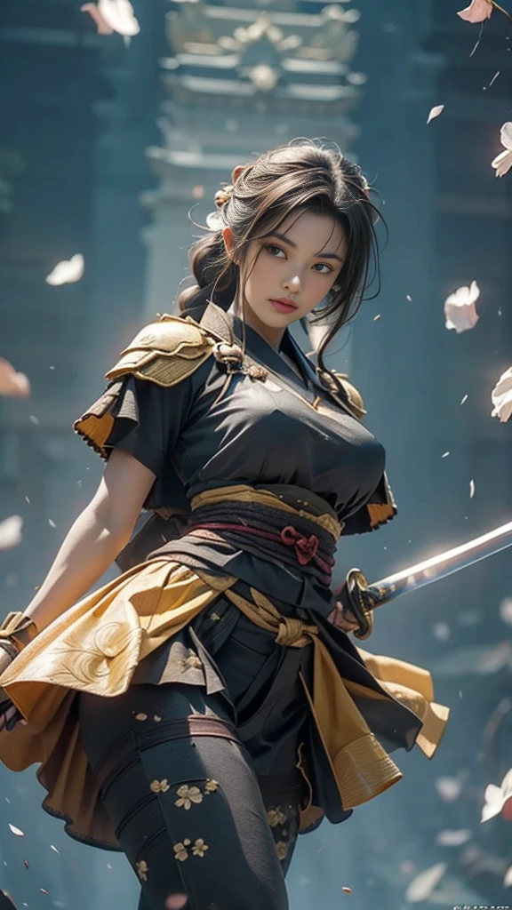  Sexy female characters dressed as warriors from the Sengoku period 、((Braided hair))、((onyx black hair))、((toned body))、 toned body、She has ample breasts and plump thighs、 The yellow armor with a chrysanthemum pattern engraved on it is bikini type and is designed to emphasize chest exposure、( Wear a chrysanthemum-patterned cape )、 white super miniskirt、 yellow shin guards with chrysanthemum petals engraved 、Yellow high-cut underwear、Yellow tights、 absolute domain、((acrobatic pose))、((  hold a sword at chest position ))、((from below, lower body, looking up))、 facing the front、 Strong yet elegant atmosphere 、 they are ready to fight even now、 The background is a battlefield with chrysanthemums and petals scattered 、((Lots of chrysanthemum petals scattered all over the screen ))、 Super high resolution and realistic touch 、 shiny armor and fabric texture 、A dynamic pose is depicted in detail、