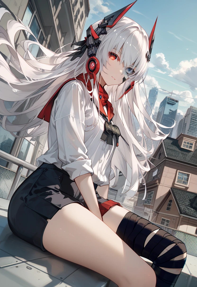 zPDXL2, score_9_up, score_8_up, score_7_up, (Anime_source), 1girl, CrimsonAbyss, Heterochromia, red eye, grey eye, white hair, school shirt, white shirt, headgear, (bandaged leg), cowboy shot, looking at viewer, sitting on roof, dutch angle floating hair, cyber city, black pants,
