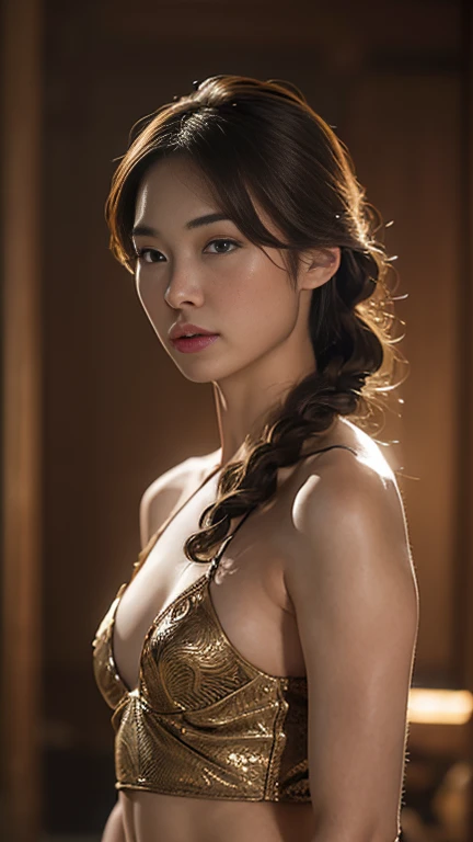 best quality, masterpiece, (photorealistic:1.4), 1girl, cowboy shot, luxury elegant bra, dramatic lighting, hair over shoulders, v arms, luxury hall background, night, japanese face, braid hair, small breasts