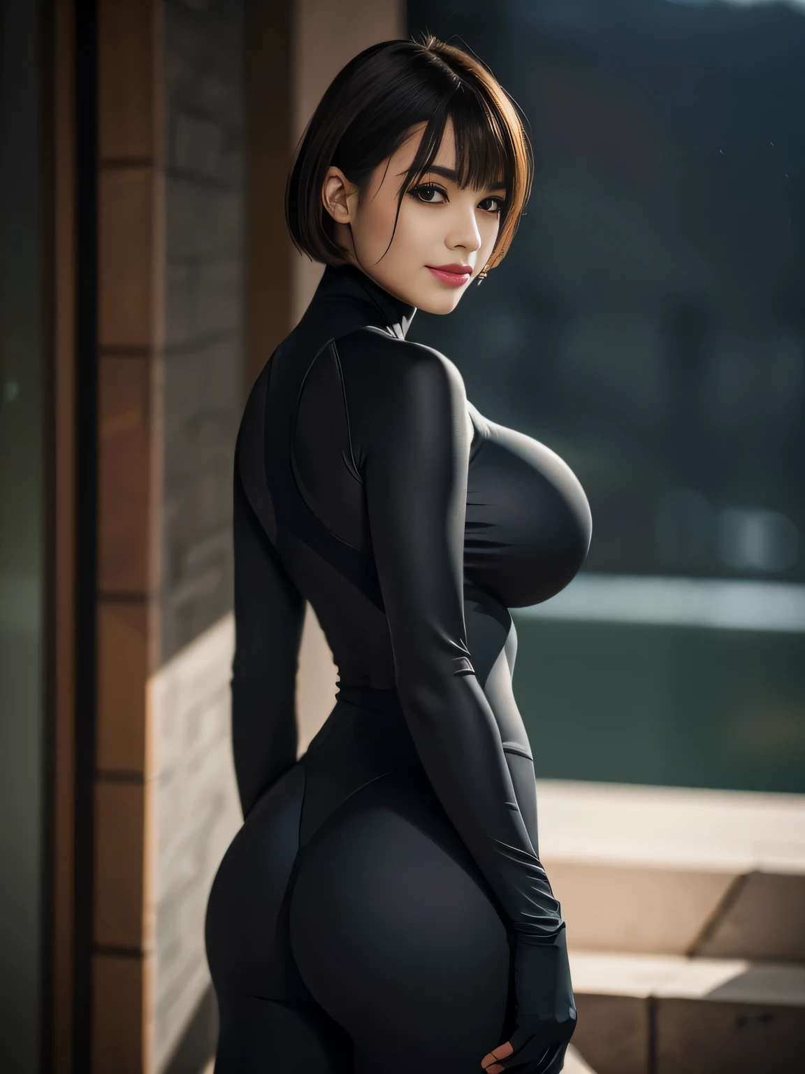 (Matte tight suit:1.3), High-neck, Long sleeve, Buttocks accentuates, Buttocks is in the frame, (Looking at the viewer:1.5), Outdoors,
8K Quality, (High Resolution:1.3), (Realistic photo:1.5), (Raw photo:1.3), Extremely detailed photo, Body that is depicted in ultra detail, Absolute masterpiece,
(Big breasts:1.1), (Lip make-up), Bangs, Short wavy bob, Ultra beautiful girl, Evil smile