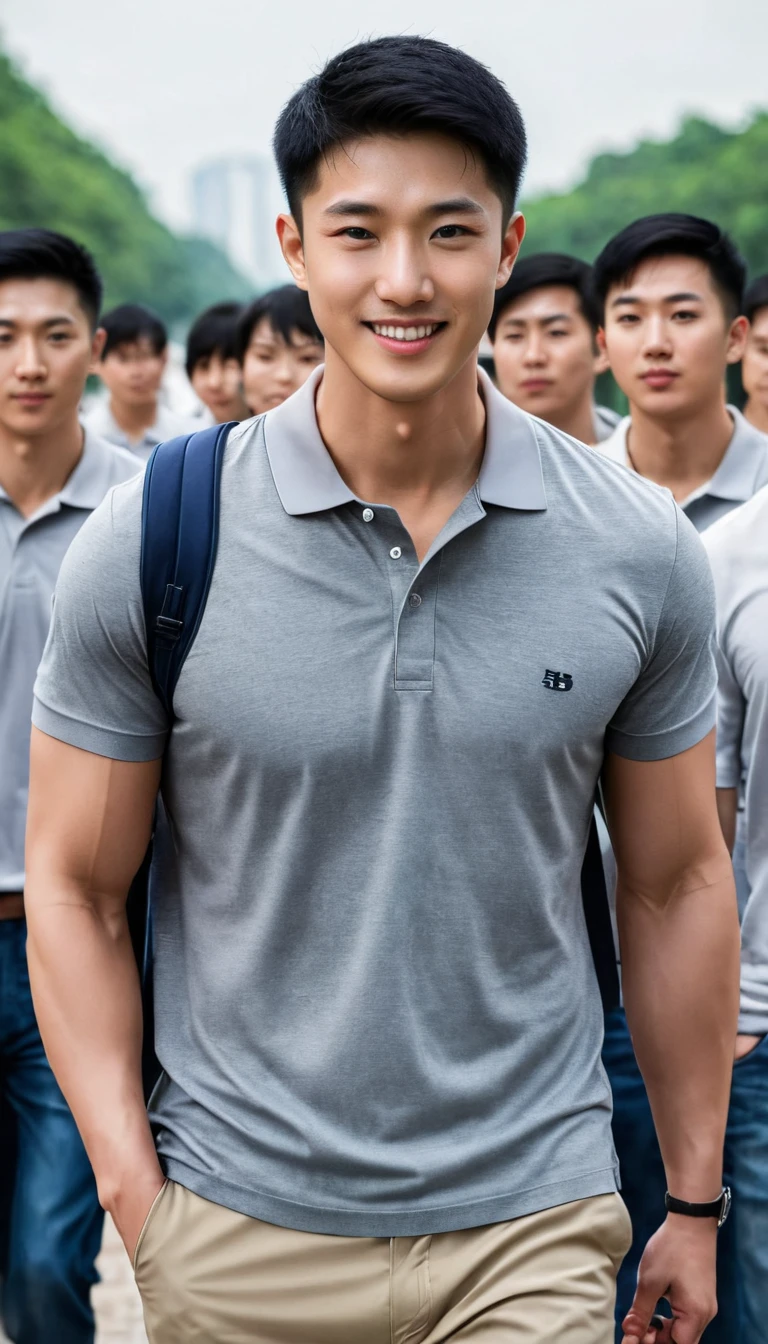 1boy, orimale ,Orimura, black_eyes, black_hair, male_focus, realistic ,  bright eyes  ,Smiling with white teeth, pretty , Buzz Cut Drop Fade , Handsome Chinese Man with a Little Mustache , is muscular ,blood vessel,Broad shoulders, Wear a gray polo shirt, short sleeves without a logo and jeans, a backpack.