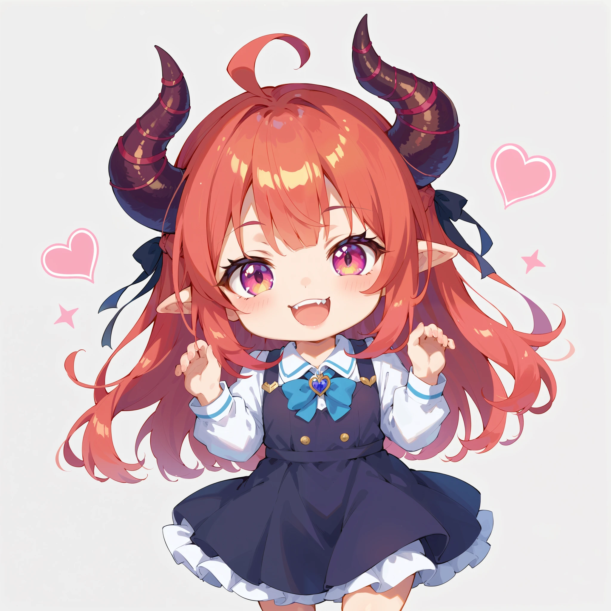 Chibi、Chibi character、 Cute Girl Characters、 Horned Devil 、 Deformed、 black dress、tooth、Twisted Horns 、 cute pose、Single color background。