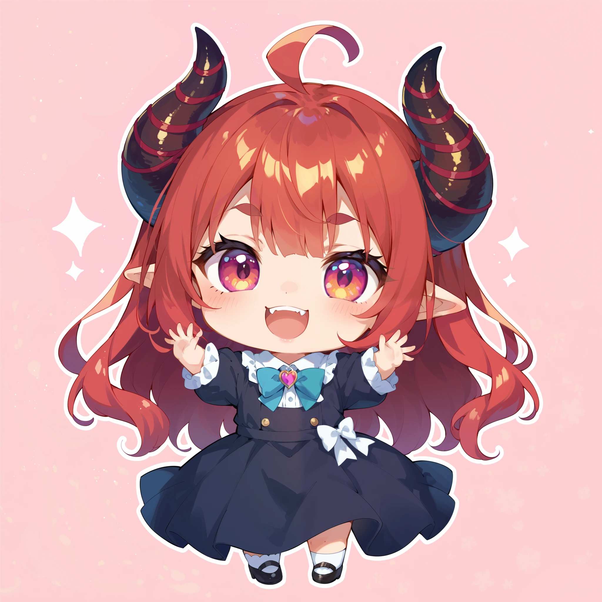 Chibi、Chibi character、 Cute Girl Characters、 Horned Devil  、 Deformed、 black dress、tooth、Twisted Horns 、 cute pose、Single color background。