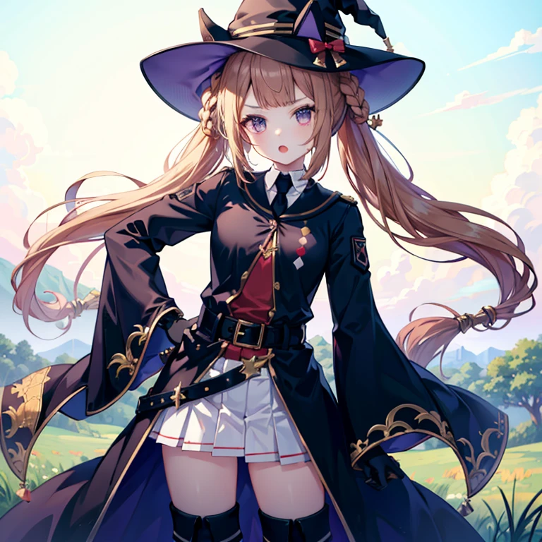 (( best quality)), ((masterpiece)), (  Details), ( super high resolution)、sweep tosho\(Horse Girl\)、
 Witch Hat 、Black Hat、 black tie、 collared shirt 、 red shirt、 white gloves、Wide sleeves、 black jacket、 Black Robe 、buckle、belt、White Skirt、 pleated skirt、 black thigh high socks、 thigh-high boots、 high heel boots、
 perfect face、超 Detailsな瞳、超 Detailsな肌、 perfect body for a lawn、( perfect finger、Perfect hands)、
 open your mouth、Hands on hips、
whole body、 standing、( cowboy shot 1 · 3)、
blue sky、Beautiful grassland、 professional lighting、８k、