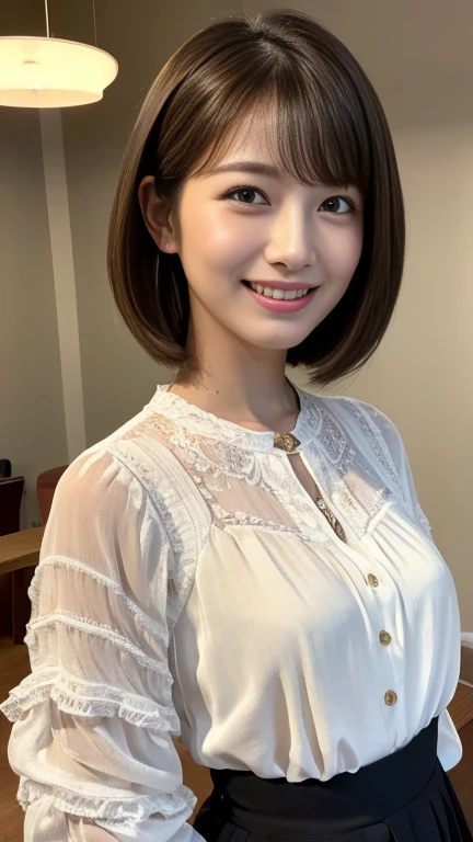 (in 8K, top-quality, a masterpiece of:1.2), (realisitic, Photorealsitic:1.37), ultra-detailliert, small tits、Skinny face、Mature look、de pele branca、nurse、Suppin、Narrow slit eyes、Small eyes、Small, Narrow eyes、30-years old,独奏,Nasal blush、A smile、a closed mouth、tiny chest、Delicate body、Black eyes、beatiful detailed eyes、Single eyelid、poneyTail、A dark-haired 、short cut hair、fullllbody、Skinny Legs、Manteau blanc、nurse、see -through、White blouse