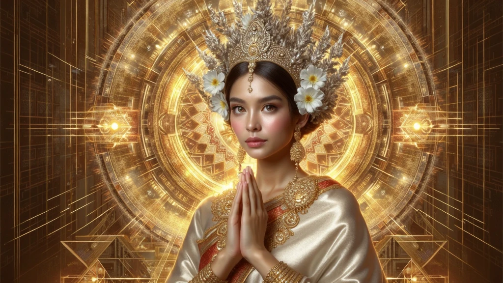 Depict a majestic goddess statue. The goddess is adorned in golden ornaments and is holding divine light in her hands. Her face looks like asian. She gazes directly at the camera. Her expression is serene and full of compassion, with intricate jewels and decorations scattered throughout her hair and garments. The background is surrounded by mystical circular patterns and a halo of light, creating an overall atmosphere of mystique and sanctity.