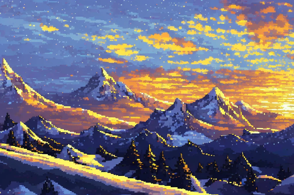  A mountain in the cold sky 々is the background ,  The knight is raising his sword to the sky in the center of the illustration,  The knight is facing here , the knight's sword is emitting light ,  There are many monsters around the knight, but they are being pushed back by the knight's overwhelming power, Pixel art, RPG knight,  is a picture centered around a person 