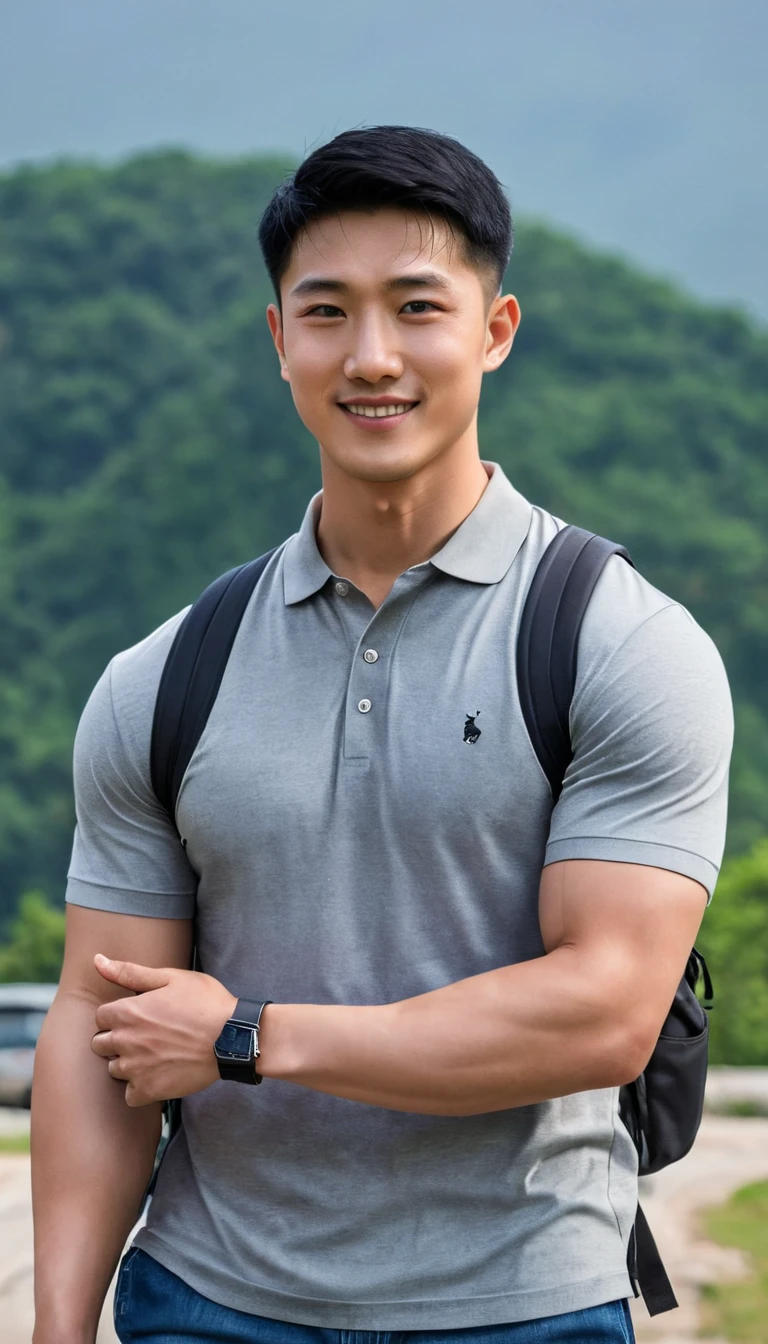 1boy, orimale ,Orimura, black_eyes, black_hair, male_focus, realistic ,  bright eyes  ,Smiling with white teeth, pretty neat, Buzz Cut Drop Fade , Handsome Chinese Man with a Little Mustache , is muscular ,blood vessel,Broad shoulders, Wear a gray polo shirt, short sleeves without a logo and jeans, a backpack.