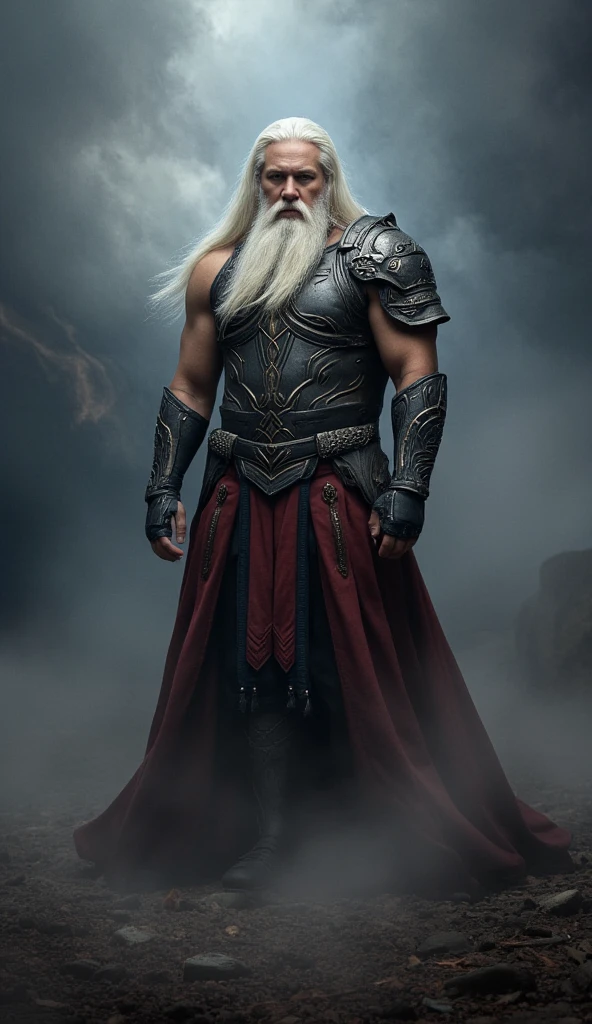 A majestic, muscular wizard with long flowing white hair and a thick beard stands amidst swirling clouds. His piercing gaze and ancient, detailed armor emphasize his powerful and mystical nature. The background features a tumultuous mix of dark and light tones, enhancing the aura of mystery and strength.