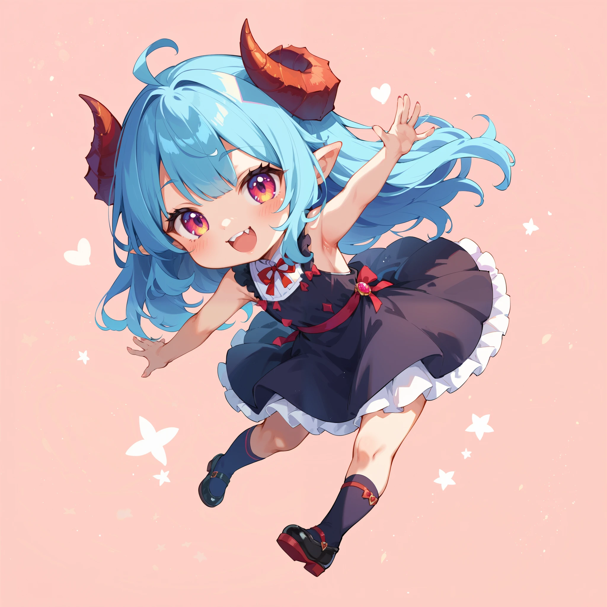 Chibi、Chibi character、 Cute Girl Characters、 Horned Devil  、 Deformed、 black dress、tooth、Twisted Horns 、 cute pose、Single color background。