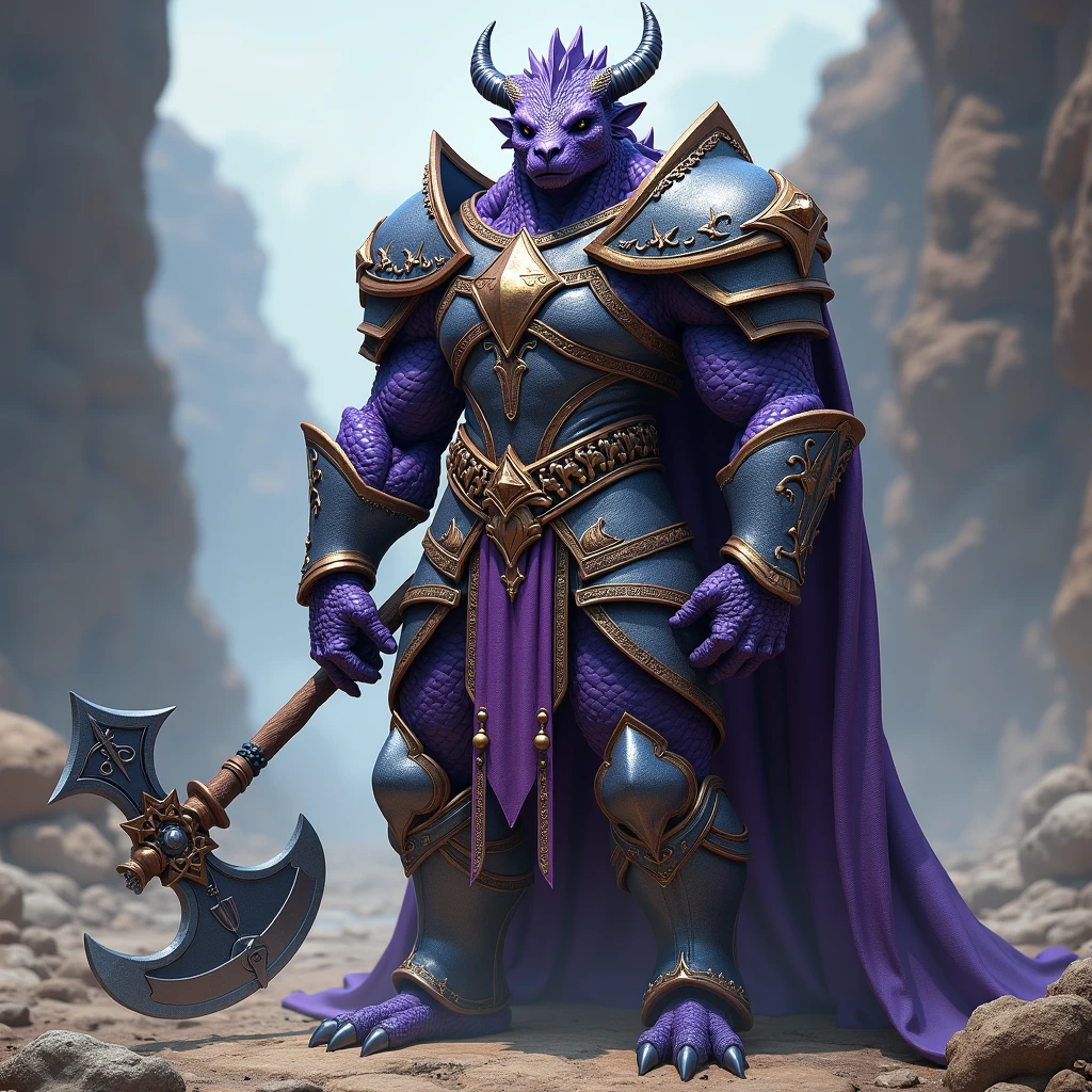 A human fused with a large, muscular, purple dragon and a katana, a shield in the other hand . The character will have a complete iron mesh armor which covers the entire body.