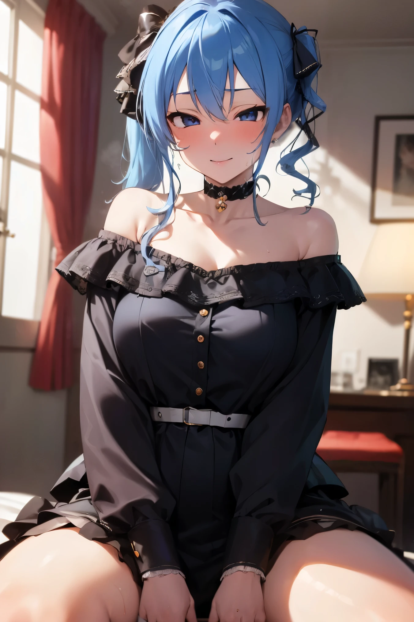Girl1,cowboy shot,blue hair,red eyes,parted bangs,(Sleeping Dress,Shy,embarrassment,background in the room,wink at her),HD,highly detailed