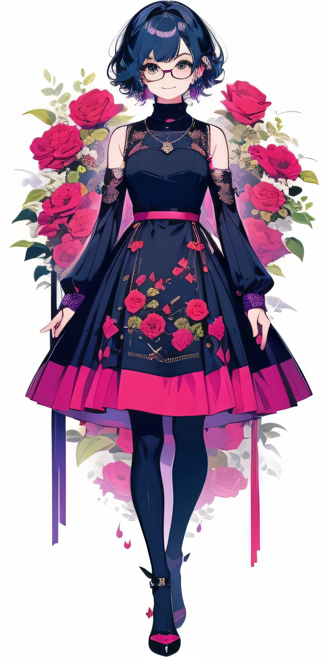 (( best quality)), (( Masterpiece )), ( Details), wallpaper、Very Details 、(((Very Details な目と顔)))、 Masterpiece 、 best quality、 Details、、 bright color、smile、whole body、Look in the direction of the audience、 shorthair、Blue Hair Color、 Curly hair 、Delicate fingertips、 black turtleneck 、Glasses、 Black Empire Dress , beautiful eyes ,1 person , stand upright and face forward。 Stylish shoes has a white background stand upright and face forward。Purple-red Modeled shoes