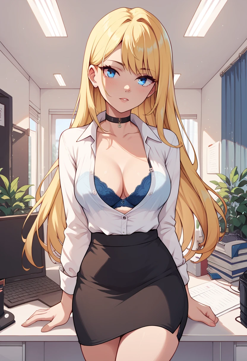 1girl, medium breasts, yellow hair, black choker, blue eyes, long hair, office room, office, light blue led lights, white shirt, black pencil skirt, light blue bra peek