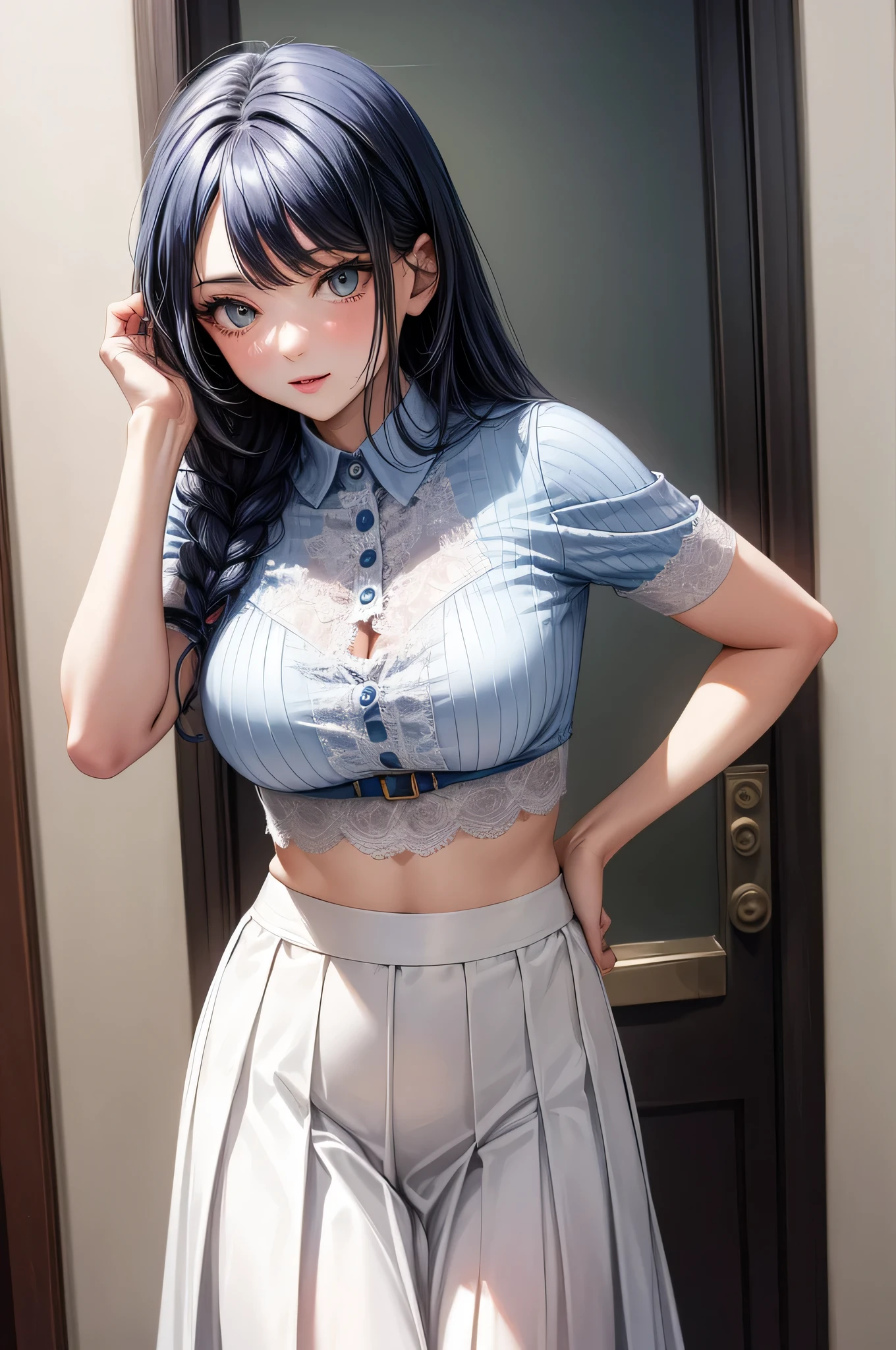 masterpiece, best quality, ultra-detailed, illustration, epic lighting, cinematic composition, isometric, view from above, full figure, 1girl, (solo:1.5), cute, blue eyes, green eyes, detailed iris, detailed skin, skin pores, black hair, swept bangs, unbuttoned white shirt, choker, black skirt, black pantyhose, formal, enchanting gaze, captivating pose, indoors, office, door, opening door, looking at viewer, peeking out upper body, blush, seductive smile, closed mouth,(8k:1.1), (ahegao:1.5)