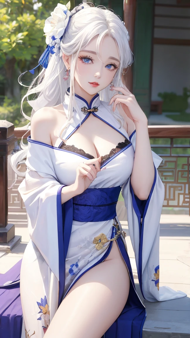 1 girl, (Lo Style : 1.5),  horse face, Lips, set, Long hair,  Blue Eyes , High Thighs, Off Shoulder, Lo Style  Chinese set,  Chinese clothing , Lipstick,  setชั้นในและถุงน่องสุดเซ็กซี่ , rose,  Jewelry , earring, Curly hair, flower holding, glove, elbow glove, white glove,  Makeup ,  white thighs , White hair, flower, stand,