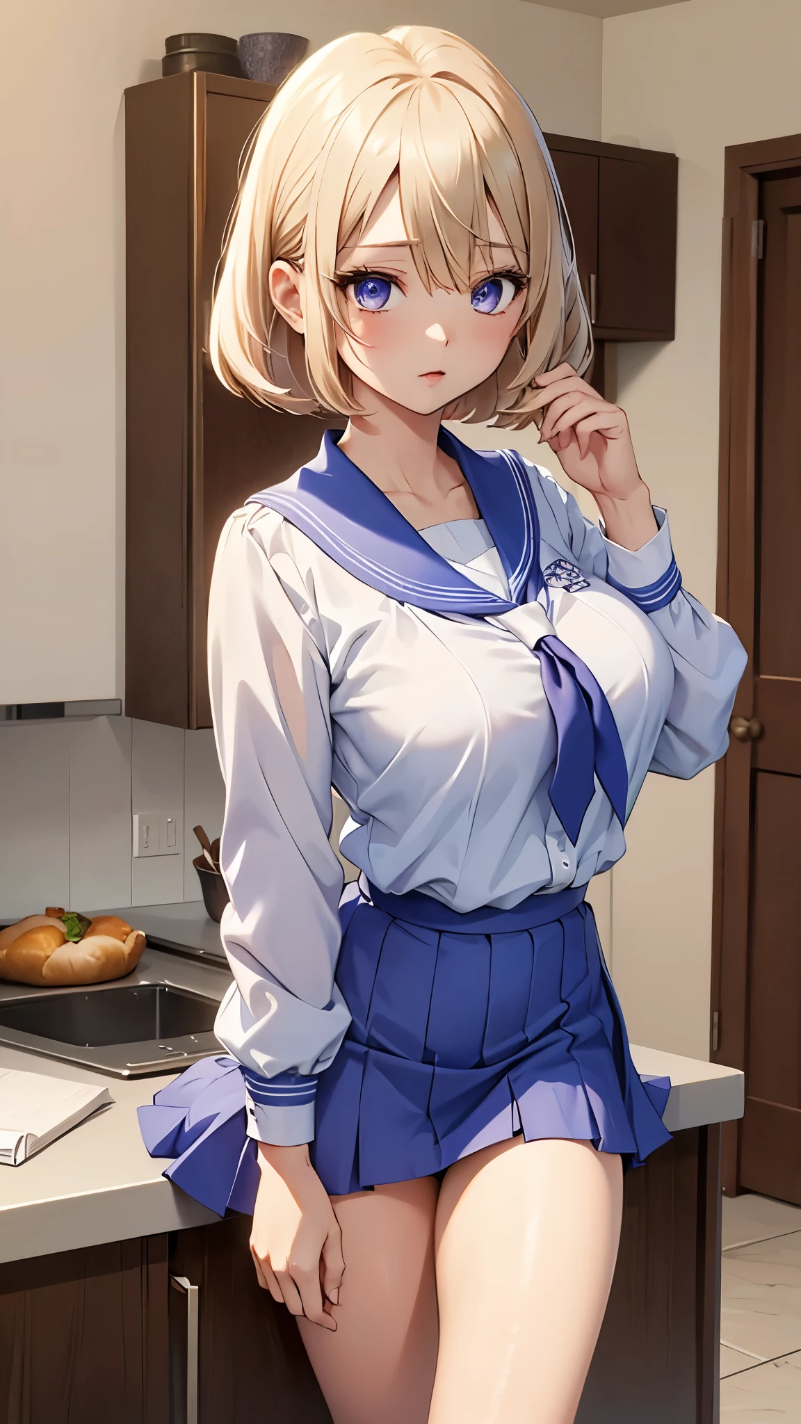 Umino Yuki、masterpiece,  best quality、 best quality,(8k resolution),Beauty、 （  Sexy Perfect Style）、(  Big Breasts )、Blonde Bob Cut、(white and blue sailor uniform)、( blue skirt)、((Bring your chest closer))、 purple eyes、 and their bras are transparent