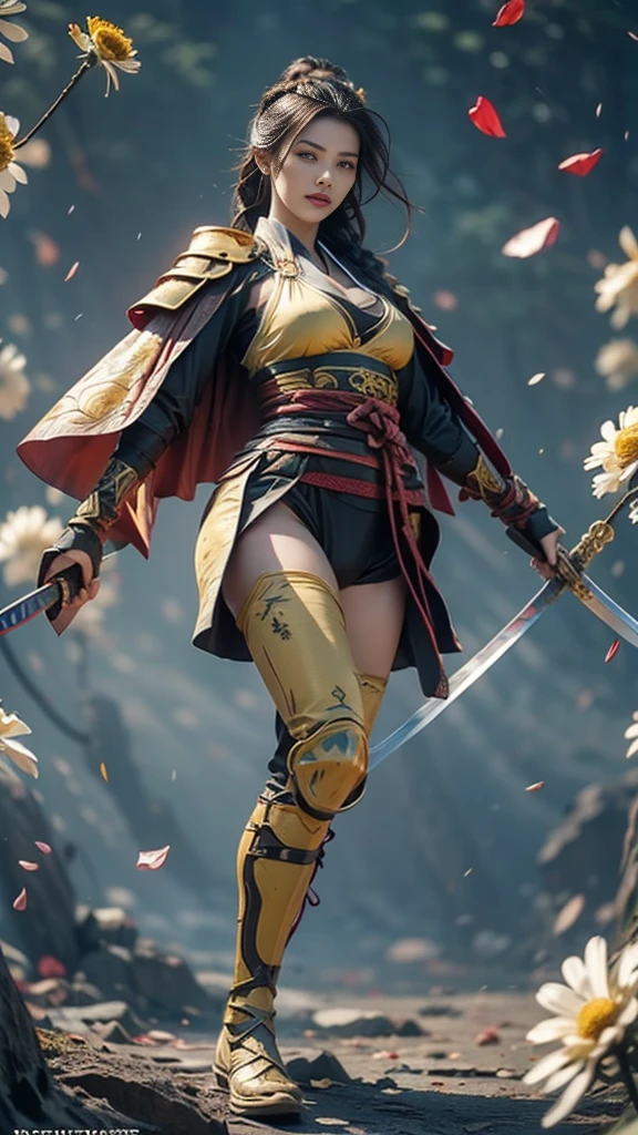 A sexy female character dressed as a warrior from the Warring States period、((Braided hair))、((onyx black hair))、((toned body))、 toned body、She has ample breasts and plump thighs、 The yellow armor with a chrysanthemum pattern engraved on it is bikini type and is designed to emphasize chest exposure、( Wear a chrysanthemum-patterned cape )、 white super miniskirt、 yellow shin guards with chrysanthemum petals engraved 、Yellow high-cut underwear、Yellow tights、 absolute domain、((acrobatic pose))、((from below, lower body, looking up))、Hold the sword in front、 facing the front、 Strong yet elegant atmosphere 、 they are ready to fight even now、 The background is a battlefield with chrysanthemums and petals scattered 、((Lots of chrysanthemum petals scattered all over the screen ))、 Super high resolution and realistic touch 、 shiny armor and fabric texture 、A dynamic pose is depicted in detail、