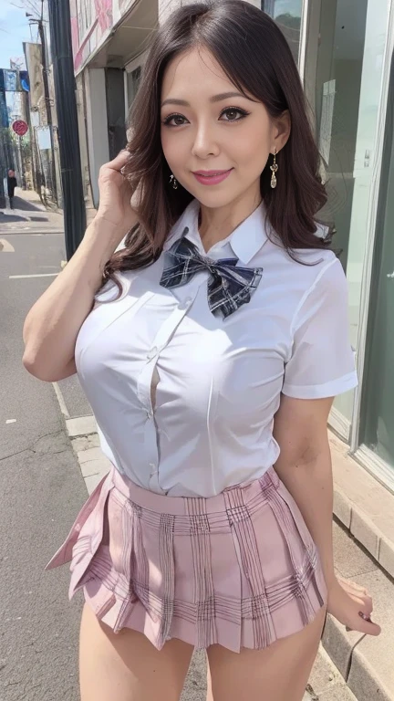 full body shot, from below,  japanese mature,  detailed face , Facial wrinkles, Wrinkles around the eyes, smile,  Detailed skin texture ,  white skin,  heavy makeup,  long hair, curvy body, (earrings, school uniform, short sleeve shirt, summer style with light fabric, bow tie, pink mini skirt, plaid pleated mini skirt:1.2), ( beautiful girl with a devilish smirk smirk and holding :1.2), ( full body shot from toe to head wearing black high heels, Standing on the sidewalk:1.2), ( surrealism, best quality, ultra detailed, absolutely resolution, 8k, anatomically correct), depth of field, looking at viewer, tachi-e, (gal.safetensors), (And), full body,  detailed face 