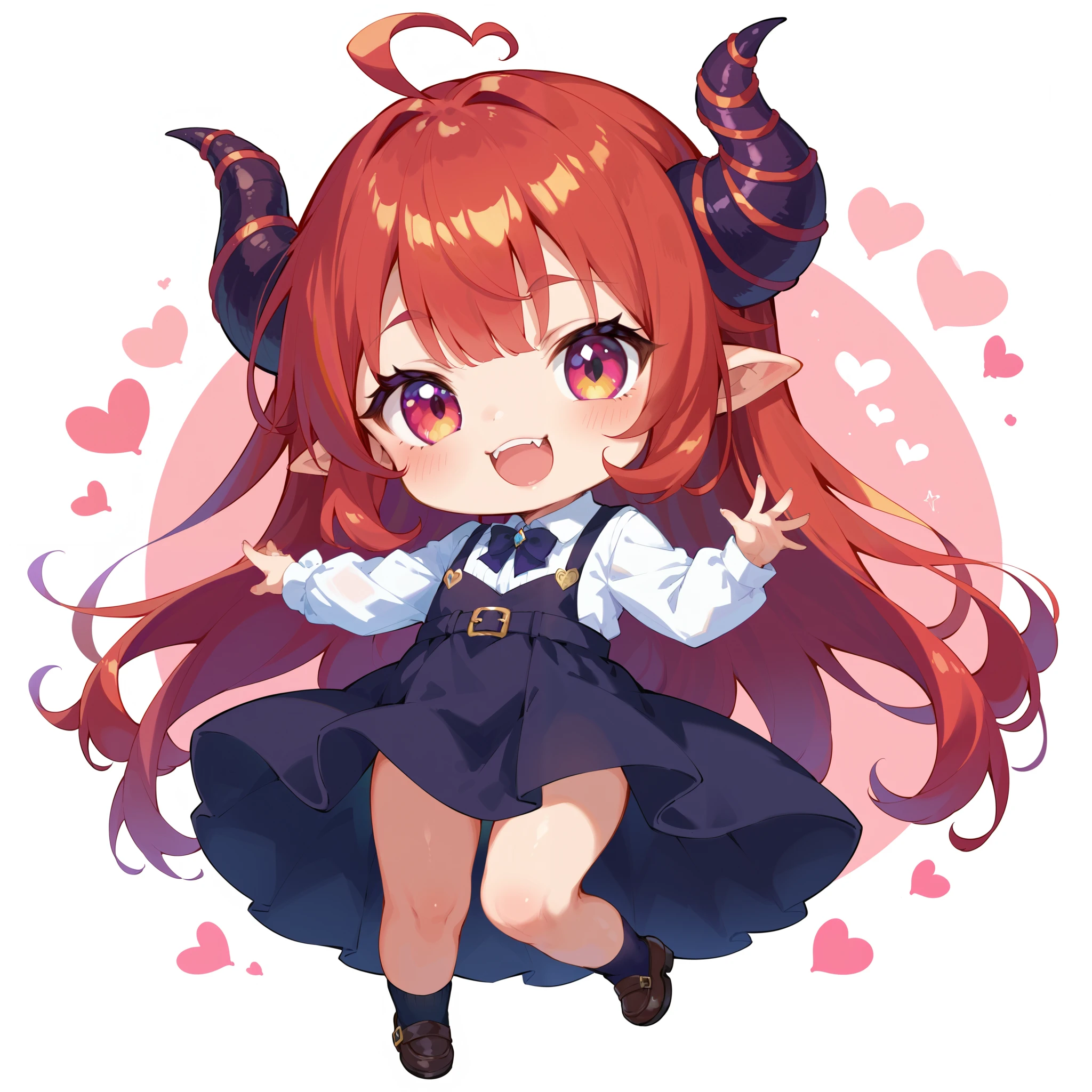 Chibi、Chibi character、 Cute Girl Characters、 Horned Devil  、 Deformed、 black dress、tooth、Twisted Horns 、 cute pose、Single color background。