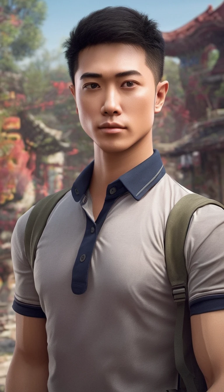 1boy, orimale ,Orimura, black_eyes, black_hair, male_focus, realistic ,  bright eyes  ,smile, Buzz Cut Drop Fade , Handsome Chinese Man with a Little Mustache , is muscular ,blood vessel,Broad shoulders, Wear a gray polo shirt, short sleeves without a logo and jeans, a backpack.