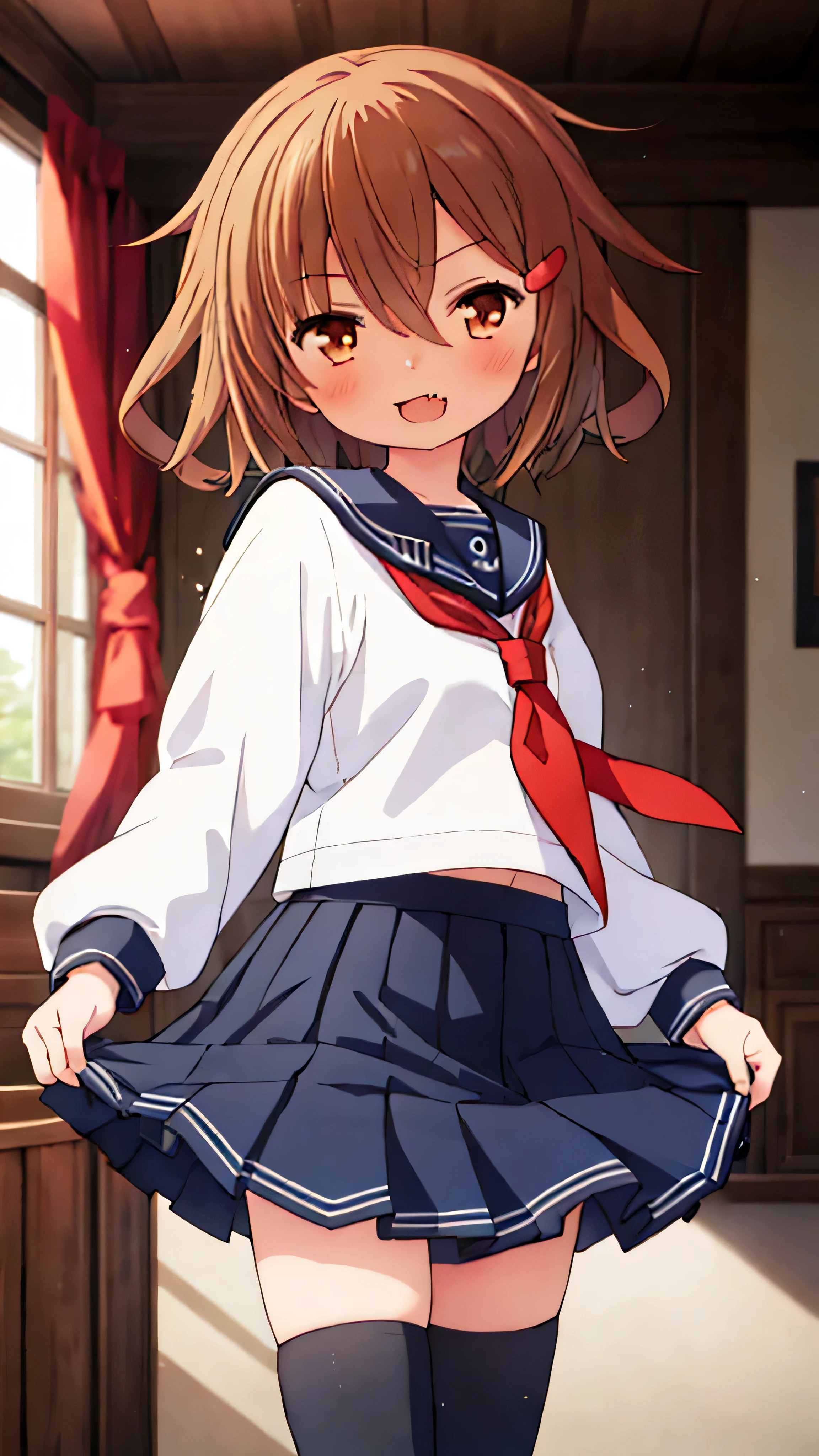 ikazuchi, living room in background, high resolution ,  best quality , UHD, short hair, brown hair, loli,  anatomically correct, HD model,  High details,  1 girl, Alone, sailor uniform, black thighhighs, skirt, fang, showing biceps, proud