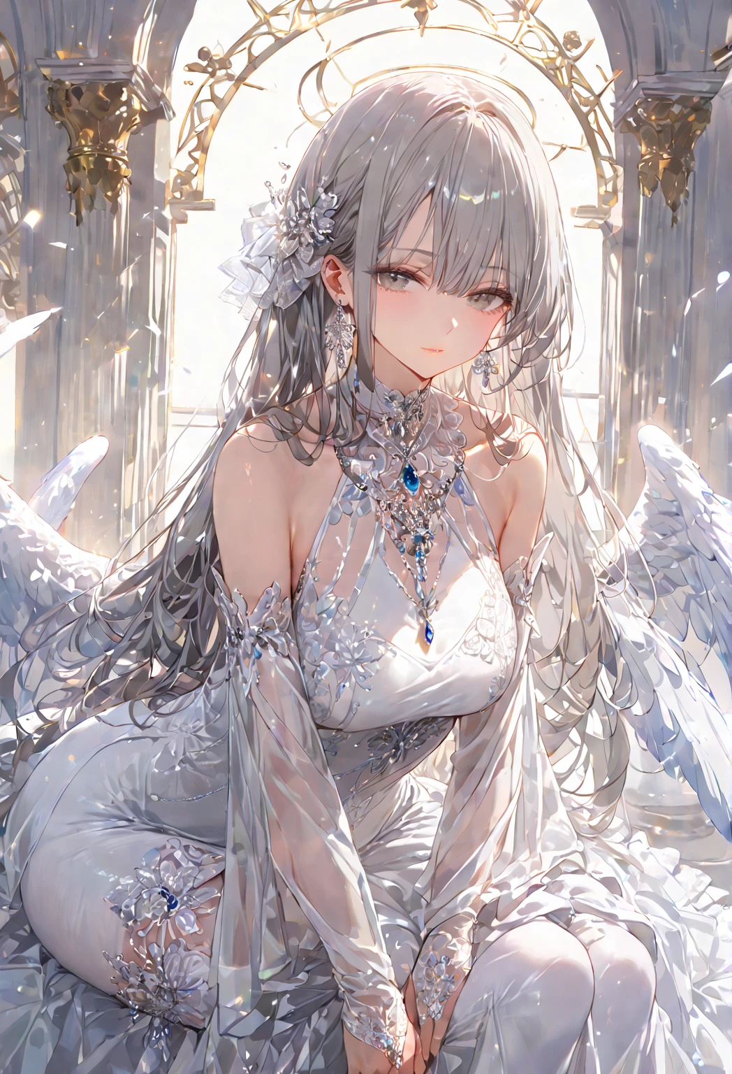 1 girl, solo, ((mature woman)), ((milf)), angel,
glossy skin, shiny skin, ((grey hair)) long hair, very long hair, bangs, grey eyes, perfect eyes,
dress, frills, wide sleeves, white dress, gem, jewelry, thigh highs, white thigh highs, white footwear, high heels, ((White theme)),
closed mouth, expressionless, ((both arms are behind her)), 
full body,
perfect hand, perfect eyes, perfect posture, perfect anatomy, 
((masterpiece)), 4K, 8K, best quality, score_9, score_8_up, score_7_up, ultra-detailed, ((portrait)),