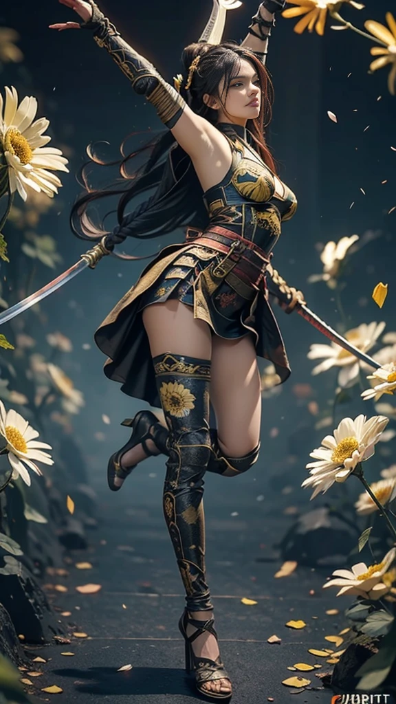 A sexy female character dressed as a warrior from the Warring States period、((Braided hair))、((onyx black hair))、((toned body))、 toned body、She has ample breasts and plump thighs、 The yellow armor with a chrysanthemum pattern engraved on it is bikini type and is designed to emphasize chest exposure、( Wear a chrysanthemum-patterned cape )、 white super miniskirt、 yellow shin guards with chrysanthemum petals engraved 、Yellow high-cut underwear、Yellow tights、 absolute domain、((acrobatic pose))、((from below, lower body, looking up))、Hold the sword in front、 facing the front、 Strong yet elegant atmosphere 、 they are ready to fight even now、 The background is a battlefield with chrysanthemums and petals scattered 、((Lots of chrysanthemum petals scattered all over the screen ))、 Super high resolution and realistic touch 、 shiny armor and fabric texture 、A dynamic pose is depicted in detail、