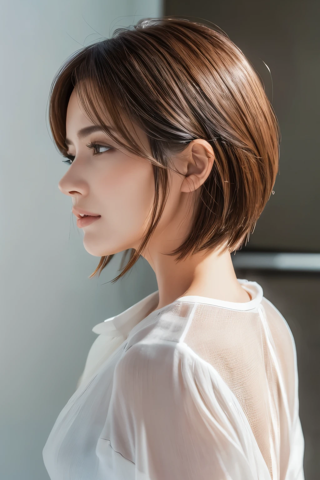 (  best quality:1.4),   RAW photo , (Realistic, photo-Realistic:1.37),  professional photo shoot, Cinematic Light, (  beautiful face: 1.2),Beauty、  beautiful woman、  profile、  white shirt、clothes、Ultra HD Shadows 、 look up 、  Ultra HD Short Bob、White wall、  back view、 angle from directly behind、Focus on hairstyles