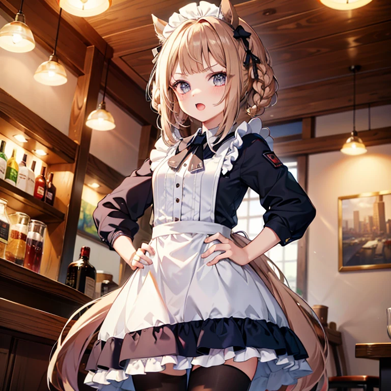 (( best quality)), ((masterpiece)), (  Details), ( super high resolution)、sweep tosho\(Horse Girl\)、
(French maid outfit、 headdress)、Horse&#39;s ears、 horse tail、
 perfect face、超 Detailsな瞳、超 Detailsな肌、 perfect body for a lawn、( perfect finger、Perfect hands)、
 open your mouth、Hands on hips、
whole body、 standing、( cowboy shot 1 · 3)、
 coffee shop、 professional lighting、８k、