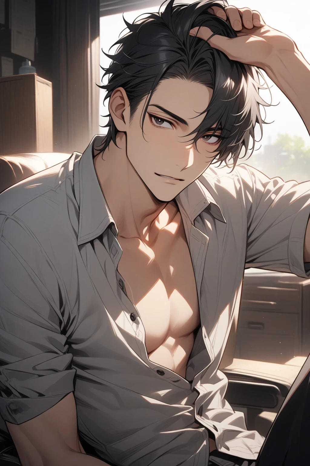 Man, handsome, short black hair, black eyes, shirt