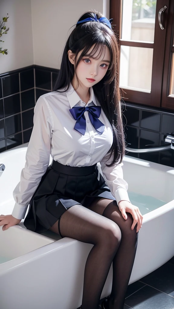  best quality,   Masterpiece ,, Illustration,  wallpaper, 1 girl, Alone,  school uniform,  white shirt,   black skirt  , Light Hair,  semi-long hair,  beautiful detailed girl ,  highly detailed eyes and face,  beautiful detailed eyes , shy, nature_illumination, Shine,nsfw, clean null,  look at the viewers, Outdoor, night null, star (null),  loafers in white,  black pantyhose,  blue bow tie beside the bath ,   straight hair, Purple petals, Purple and blue flowers,  red eyes,  ponytail,  blue ribbon, white hair , thick_Thighs,  Big Breasts , red eyes,