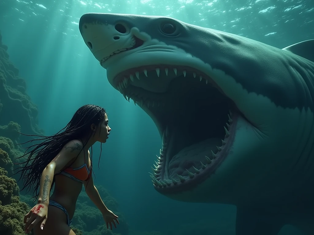 SurfaceWater,from above,wading,fangs of fish,forest,tree,jungle,river,looking down,(too many evil fish,too many evil piranha, too many evil piranha surrounded),<lora:piranha:0.4> screaming,raised eyebrows,wide-eyed,crying,tears,   <lora:sharkBattle:0.7> MeetShark,girl in the back glaring at a shark,girl meets a shark underwater, from behind, looking away,