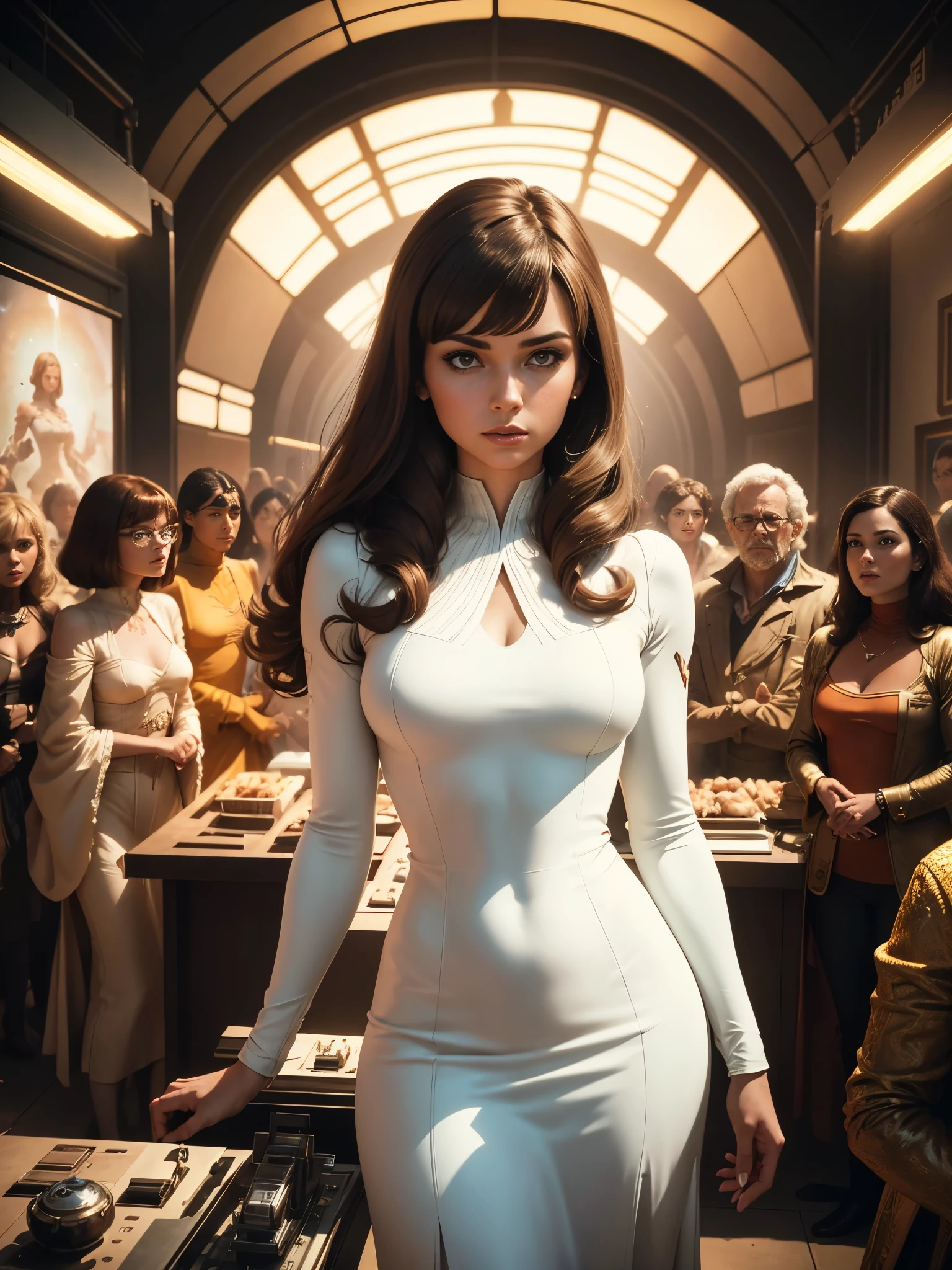 arafed image of a woman in a white dress standing in front of a group of people, 7 0 s sci - fi art, attractive brown hair woman, still frame from a movie, hypermaximalist, promotional render, by Menez, cosmic bjork, steam punk, velma, mars attacks, circa 1970, cp2077  