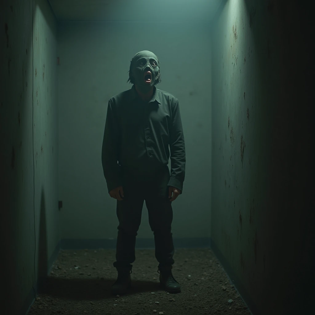 Man with television head crawling on the floor, dynamic lighting, photorealistic, trends in art station, stunning visuals, nebulous, creative, cinematic, ultra detailed, atmospheric, ambient lighting, scary art, bad quality, heavy film grain, desaturated, dark tones, terror, horror, nightmare