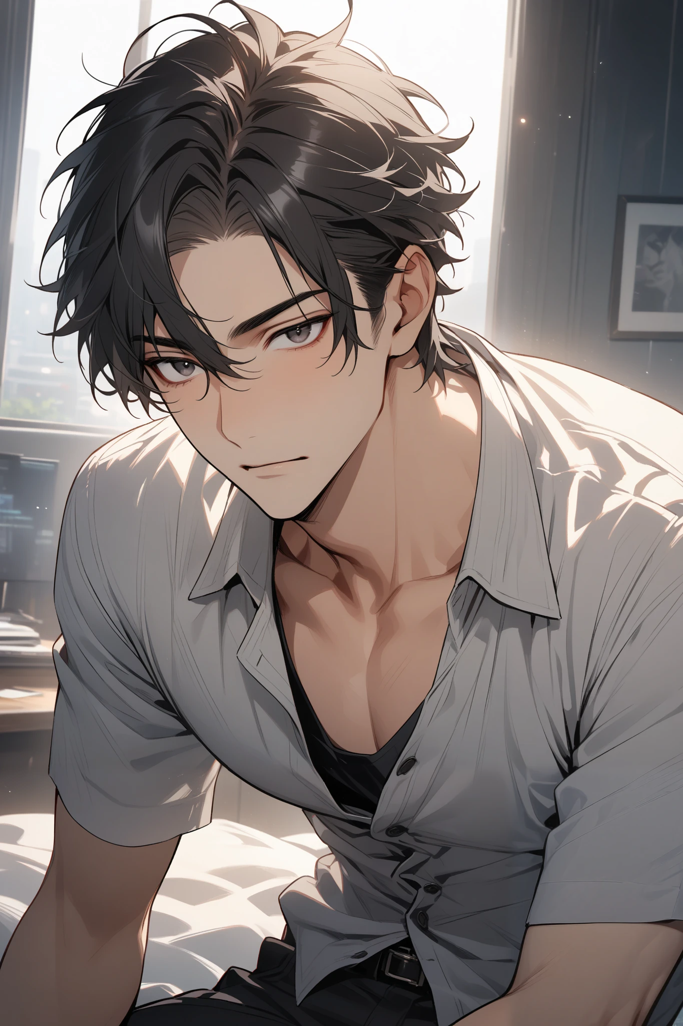 Man, handsome, short black hair, black eyes, shirt