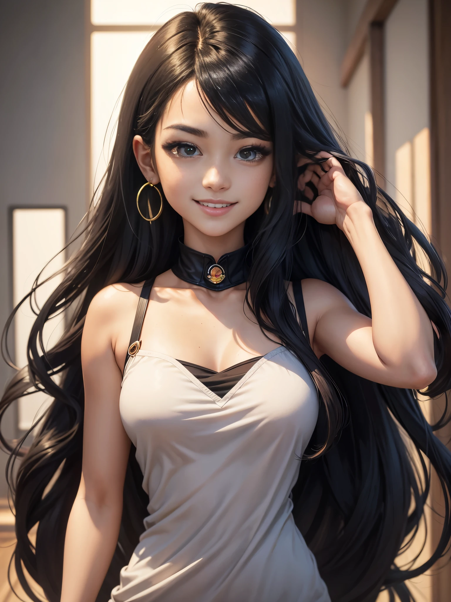 make an anime style image of a woman with long black hair, gold eyes, skin black, angel, aurelia and aesthetic clothes
