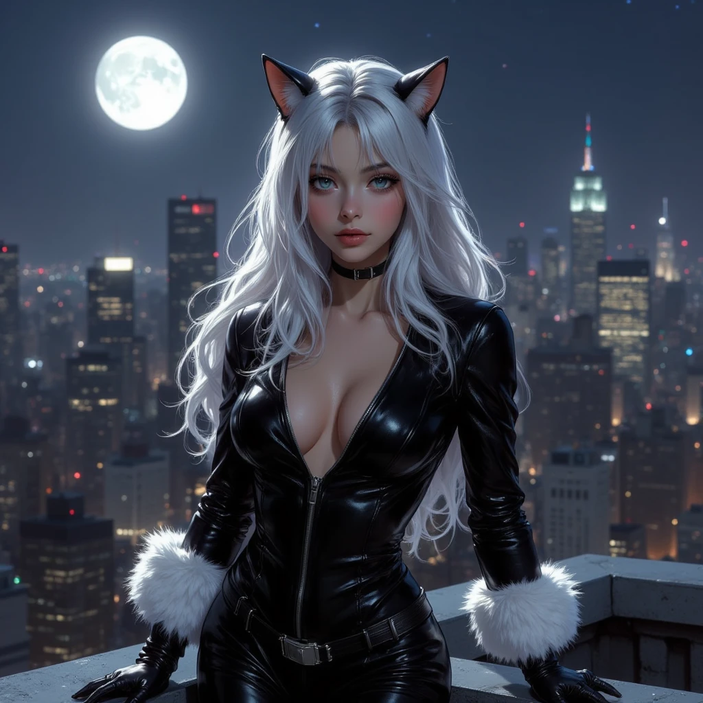 Black cat  (  Marvel character  ),  long wavy white hair ,  classic black leather costume with white fur on the neck and wrists ,  sexy breast opening ,  on the roof of a building overlooking New York on a full moon night.  Luis Royo style 