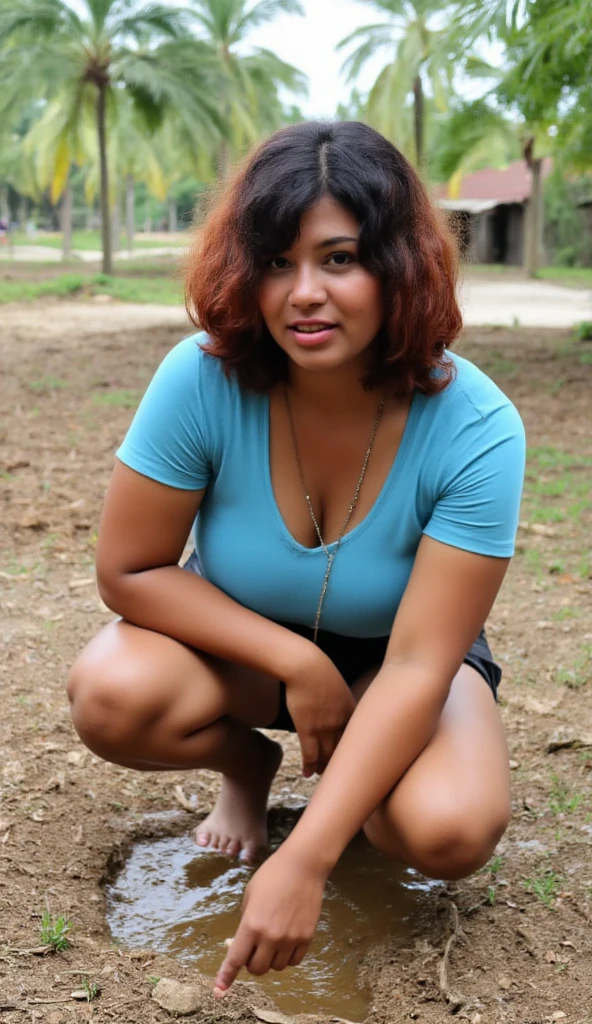 Malay girl wearing sexy pink color panties, wearing loose light blue t-shirt, portrait photography, mid shot photo, ultra detail, professional photograph with professional lighting, smile, sitting on a chair (open legs), at the garden, outdoor background, curly hair, sexy seducing pose, curvy body, cameltoe focused angle