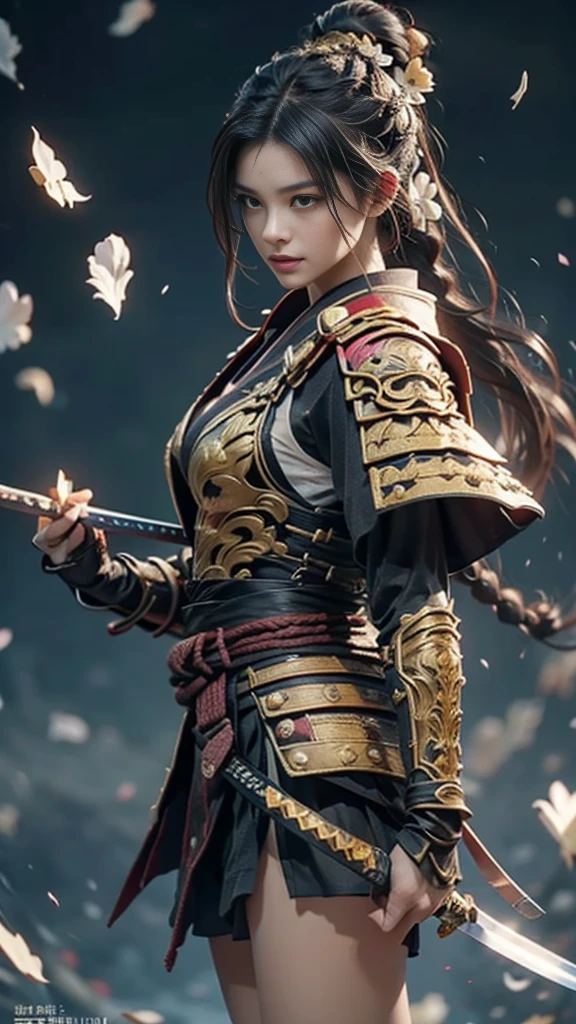  sexy female character dressed as a warrior from the Sengoku period、((Braided hair))、((onyx black hair))、((toned body))、 toned body、She has ample breasts and plump thighs、 The yellow armor with a chrysanthemum pattern engraved on it is bikini type and is designed to emphasize chest exposure、( Wear a chrysanthemum-patterned cape )、 white super miniskirt、 yellow shin guards with chrysanthemum petals engraved 、Yellow high-cut underwear、Yellow tights、 absolute domain、((from side, portrait, looking away))、((Pose pulling a sword out of its scabbard ))、 Strong yet elegant atmosphere 、 they are ready to fight even now、 The background is a battlefield with chrysanthemums and petals scattered 、((Lots of chrysanthemum petals scattered all over the screen ))、 Super high resolution and realistic touch 、 shiny armor and fabric texture 、A dynamic pose is depicted in detail、