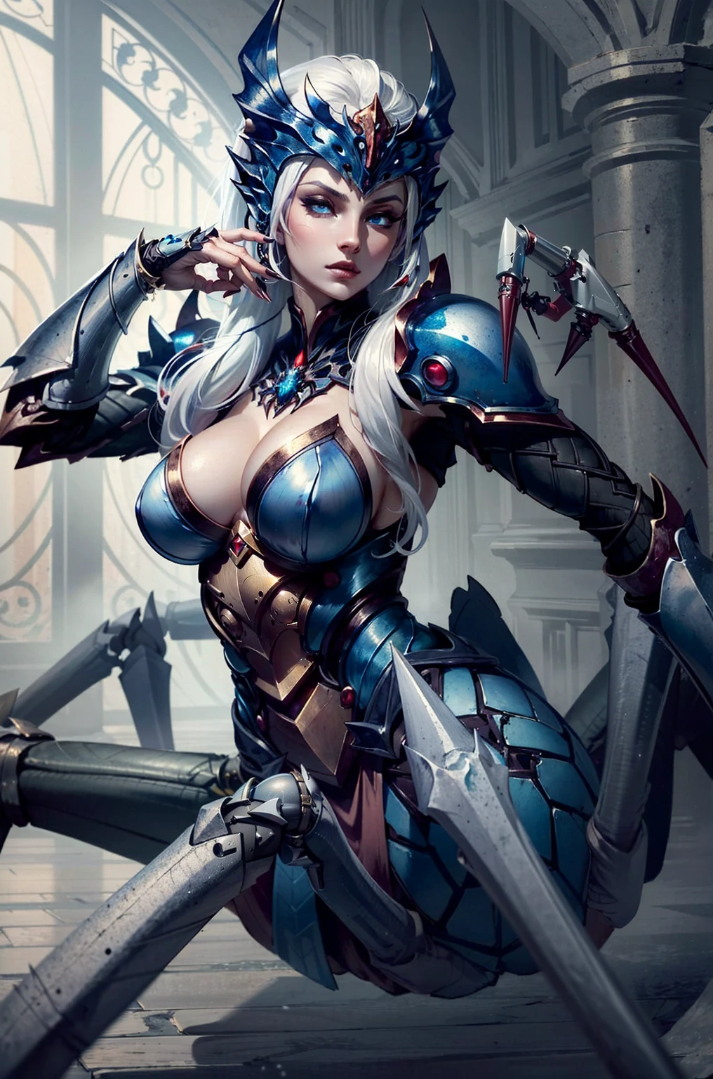 woman in armor with a sword and a helmet on