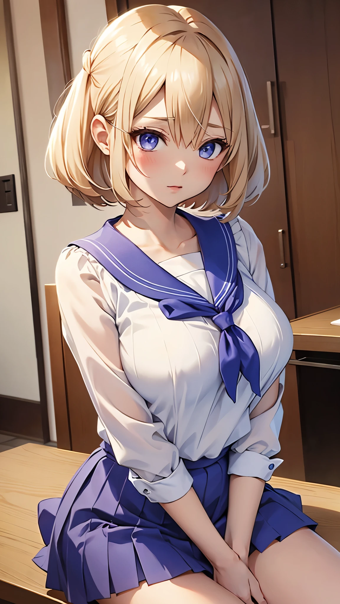 Umino Yuki、masterpiece,  best quality、 best quality,(8k resolution),Beauty、 （  Sexy Perfect Style）、(  Big Breasts )、Blonde Bob Cut、(white and blue sailor uniform)、( blue skirt)、((Bring your chest closer))、 purple eyes、 and their bras are transparent