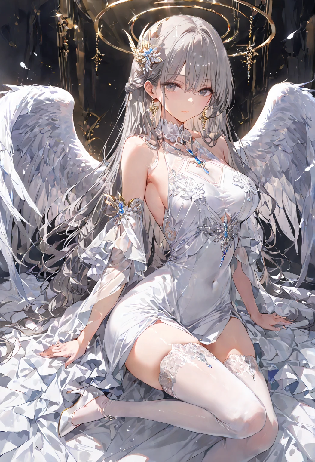 1 girl, solo, ((mature woman)), ((milf)), angel,
glossy skin, shiny skin, ((grey hair)) long hair, very long hair, bangs, grey eyes, perfect eyes,
dress, frills, wide sleeves, white dress, gem, jewelry, thigh highs, white thigh highs, white footwear, high heels, ((White theme)),
closed mouth, expressionless, ((both arms are behind her)), 
full body,
perfect hand, perfect eyes, perfect posture, perfect anatomy, 
((masterpiece)), 4K, 8K, best quality, score_9, score_8_up, score_7_up, ultra-detailed, ((portrait)),